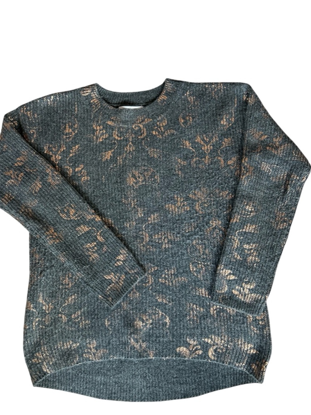 Metallic Floral Crew Neck Sweater - Heather Gray